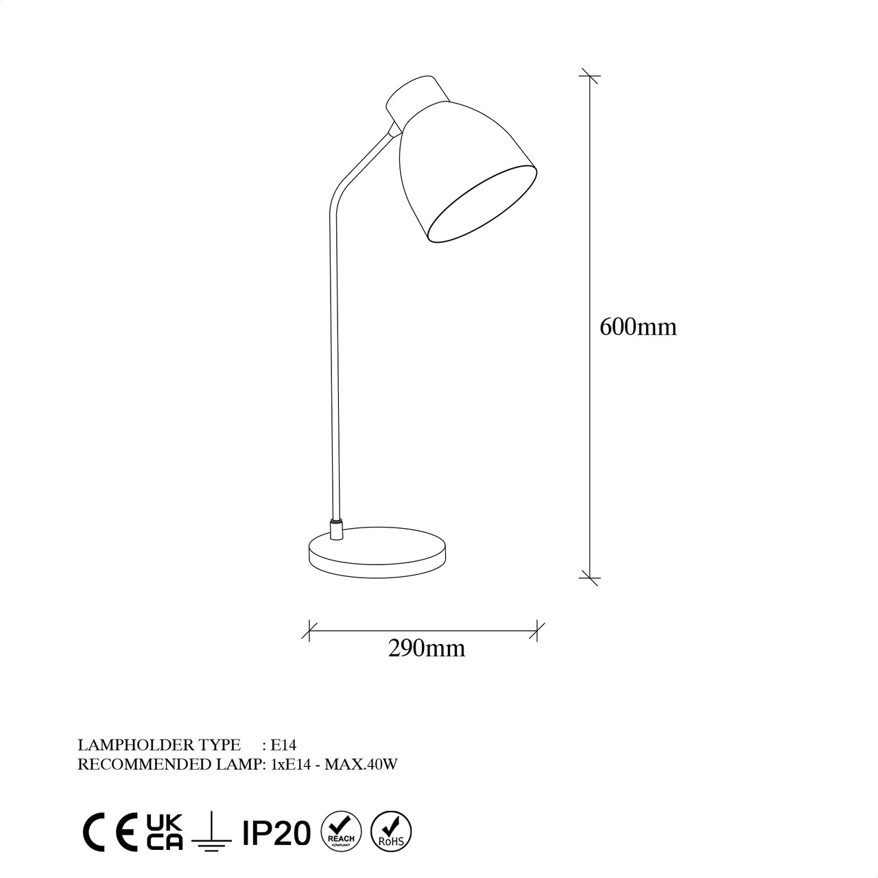 Lampa de masa, Murek - 11558, Fulgor, 18 x 29 x 60 cm, 1 x E14, 40W, negru