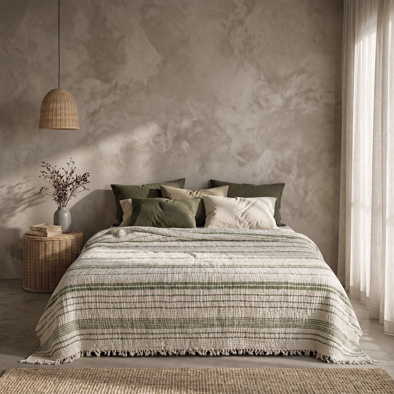 Cuvertură de pat King, L'essentiel Maison, Muslin, Bumbac, Ecru / Verde