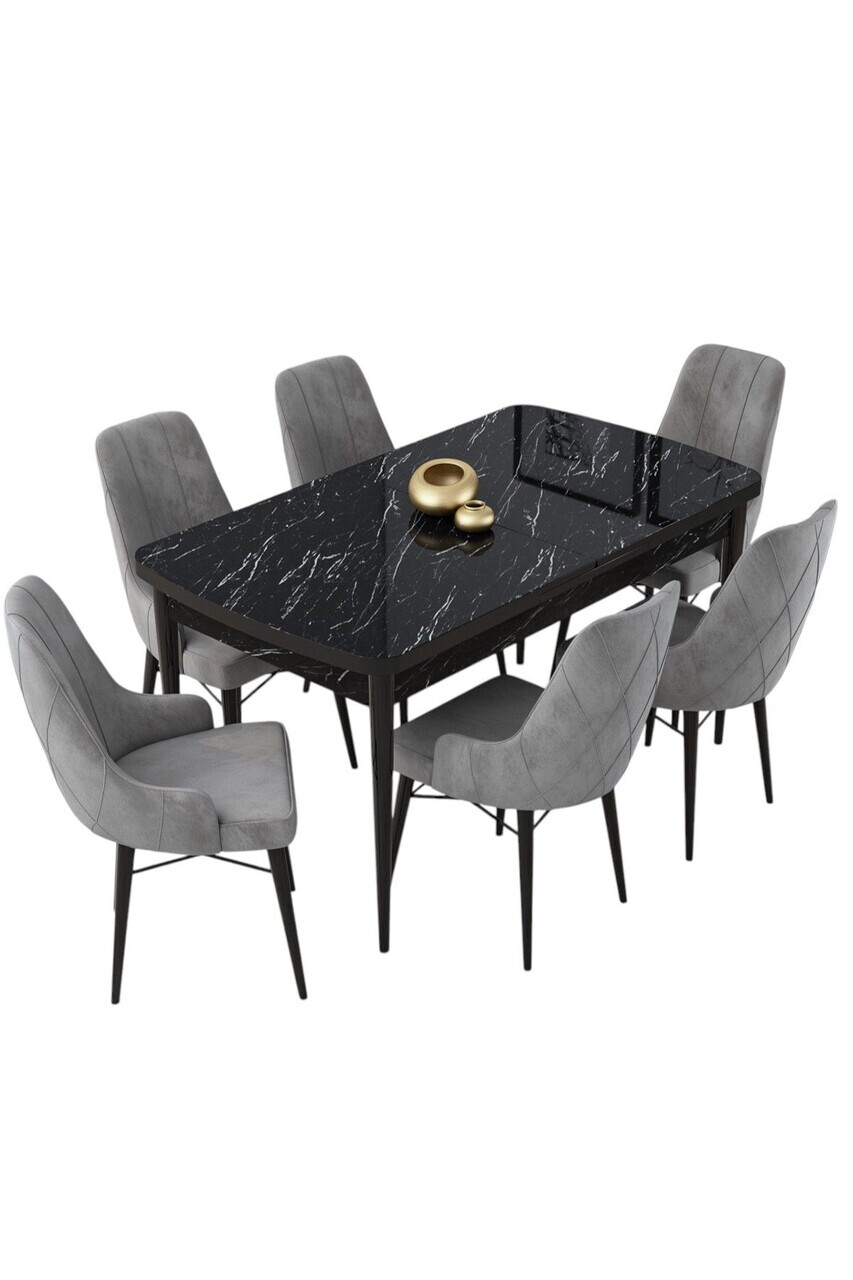 Set masa extensibila si scaune (7 piese), Hanah Home, Lia, Model de marmură neagră / Gri — imaginea 2