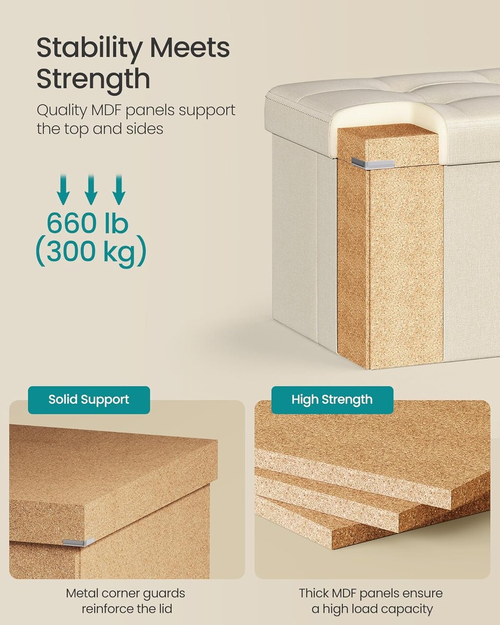 Bancheta cu spatiu depozitare, Mazie, Songmics, 110x38x38 cm, MDF/imitatie in, crem