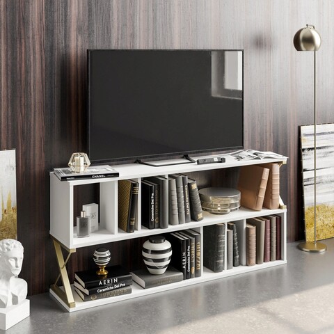 Comoda TV, Hadley, Termas, 140×64.4×29.5 cm, Aur/Alb Hadley
