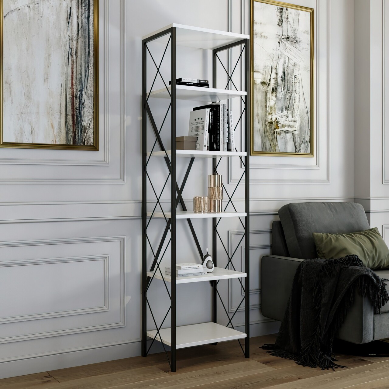 Corp biblioteca, Kalune Design, Suadiye, 50x180x30 cm, PAL, Alb/Negru