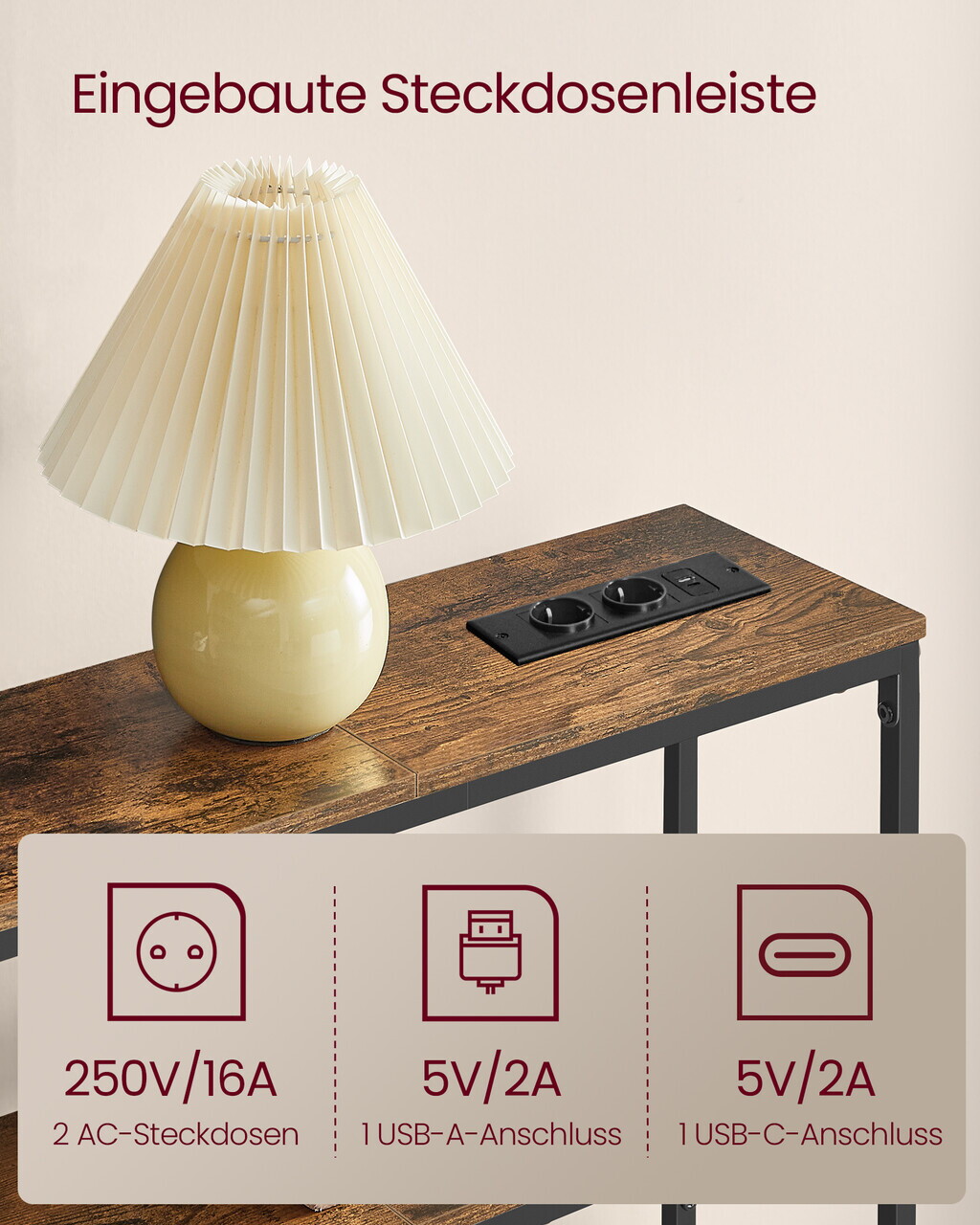 Consola cu priza si USB, Vasagle, 80x20x80 cm, PAL/otel, maro rustic/negru - imagine 3