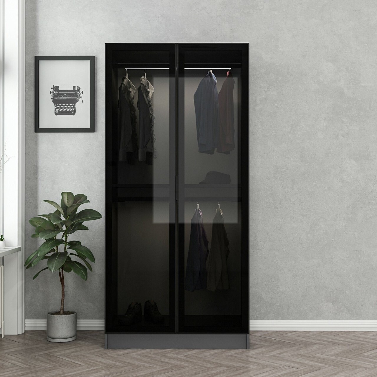 Dulap pentru haine, Minerva, Kale Glass Anthracite, 90x210x52 cm, PAL, Negru / Antracit - 1 | YEO