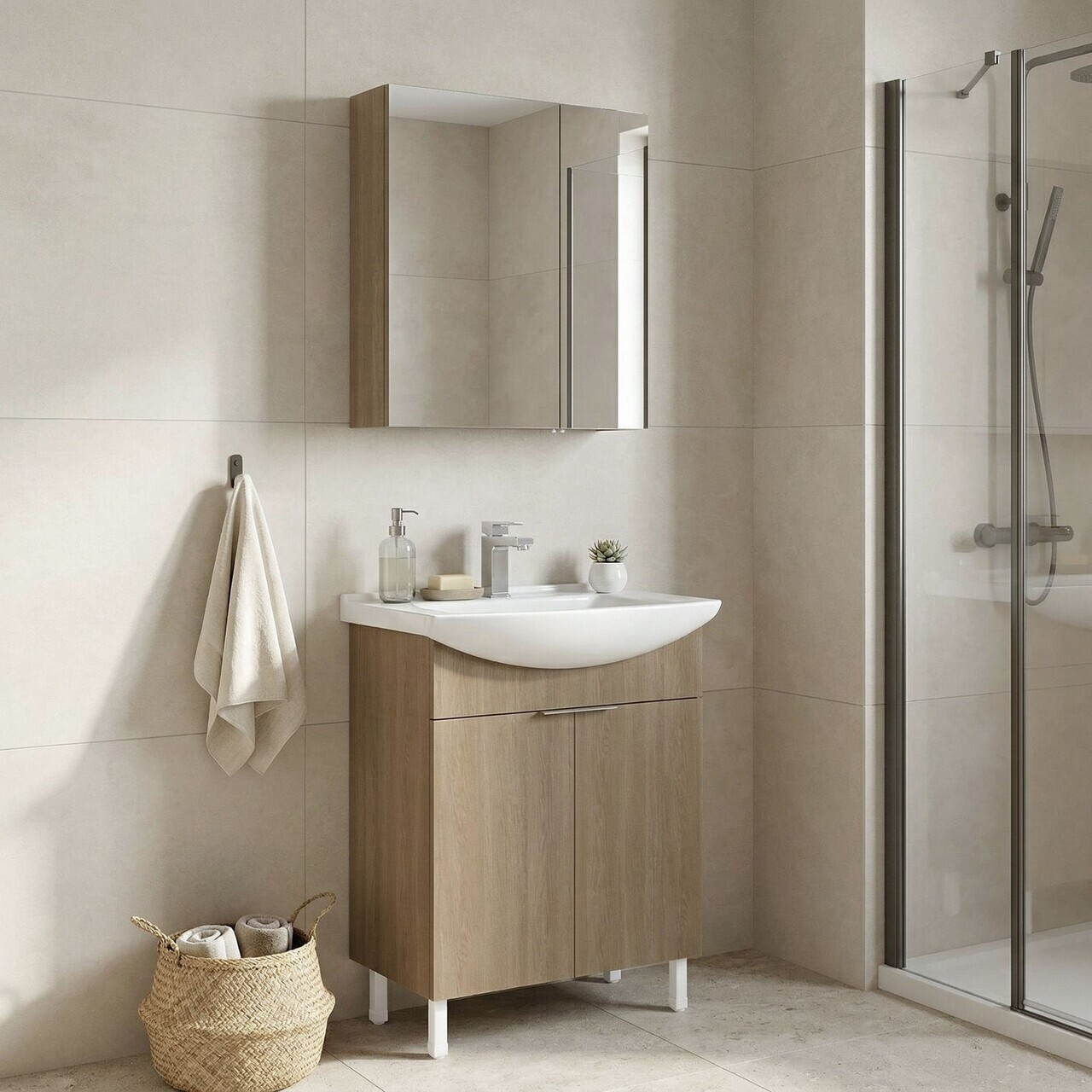 Set Dulap de Baie cu Chiuvetă și Oglindă (2 Piese), Hanah Home, Purus 65, Stejar — imaginea 2