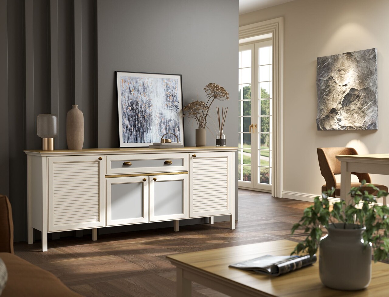 Consola, Hanah Home, FRN-21008, 201.8x82x44.2 cm, PAL, Crem / Stejar / Gri - view 5