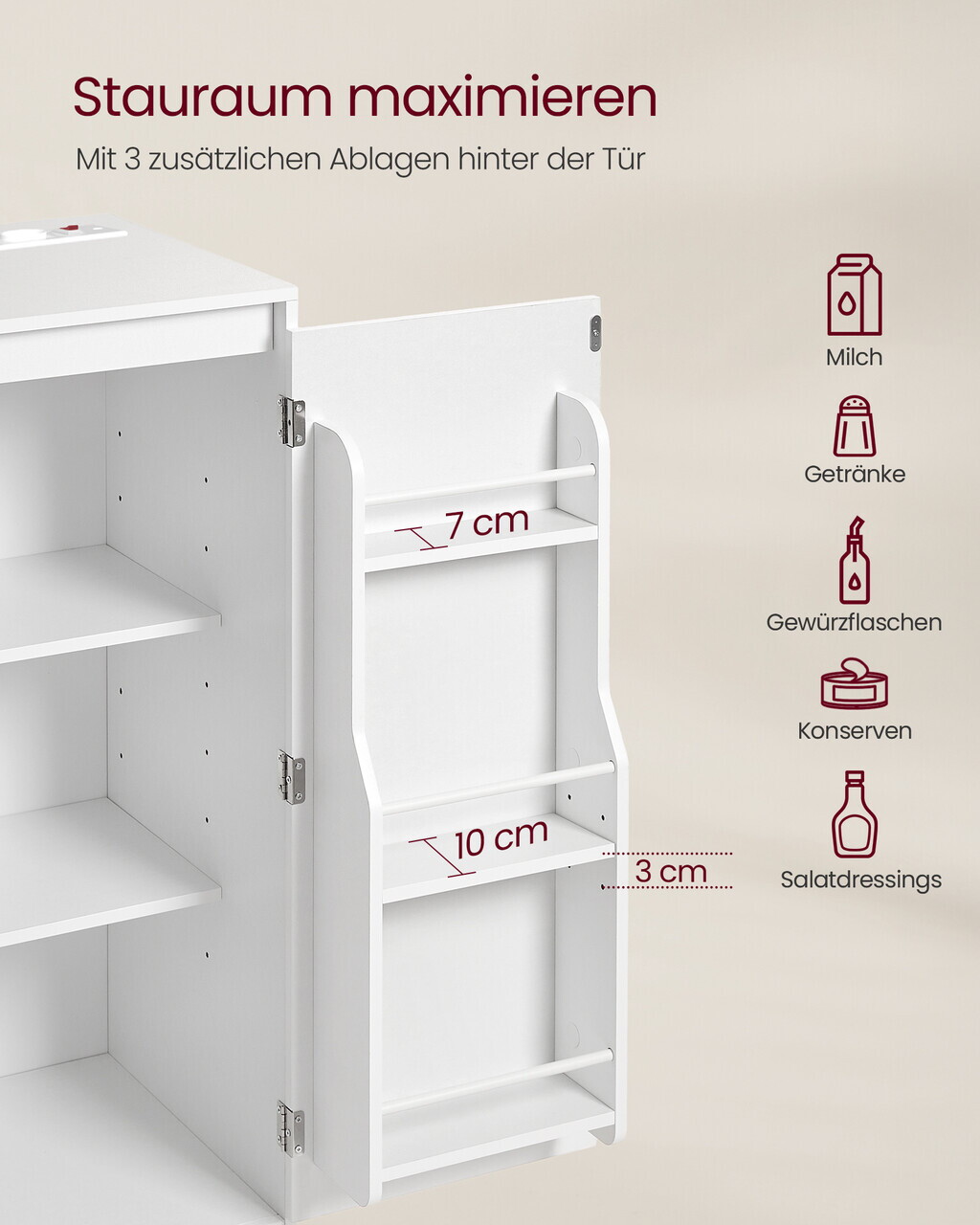 Dulap bucatarie cu suport microunde si prize integrate, Vasagle, 90x40x90 cm, PAL, alb - imagine 4