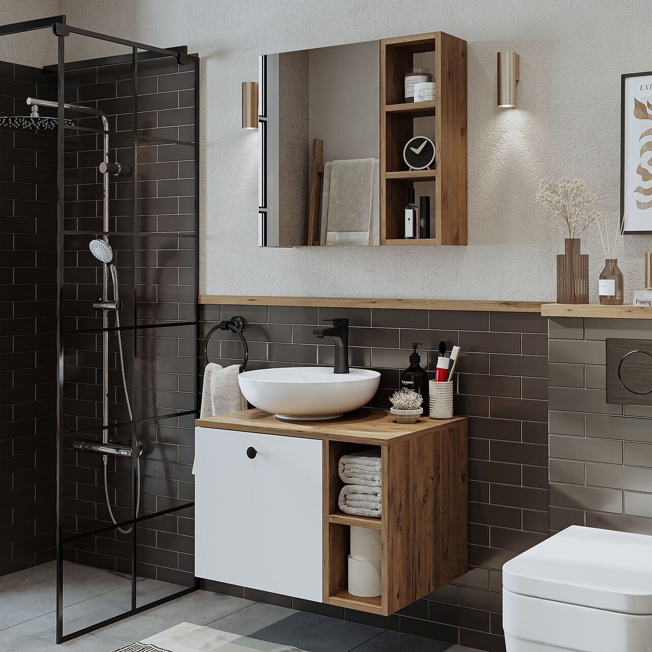 Set Dulap de Baie cu Chiuvetă și Oglindă (2 Piese), Hanah Home, 2476, MDF, Pin Atlantic / Alb