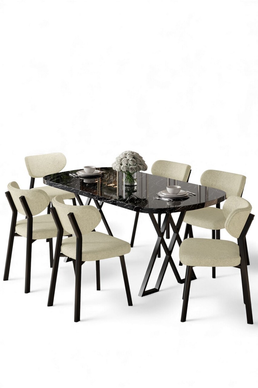 Set masă și scaune (7 piese), Hanah Home, Axton, Marmură neagră / Crem - view 2