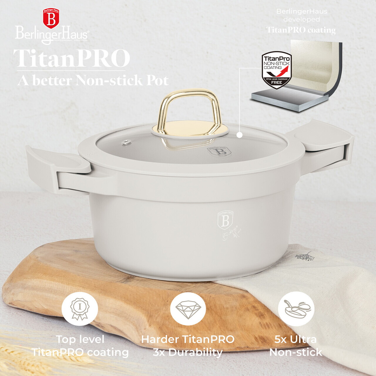 Oala cu capac Berlinger Haus, Sahara, 20 cm, 2.8 L, aluminiu, crem mat - imagine 13