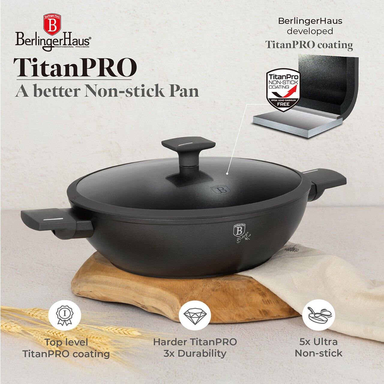 Tigaie Wok cu capac Berlinger Haus, Anthracite, 30 cm, aluminiu forjat, antracit mat - imagine 10