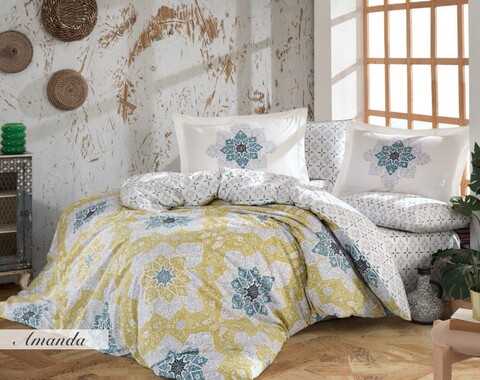 Lenjerie de pat dubla, 4 piese, 200x220 cm, 100% bumbac poplin, hobby, amanda, galben