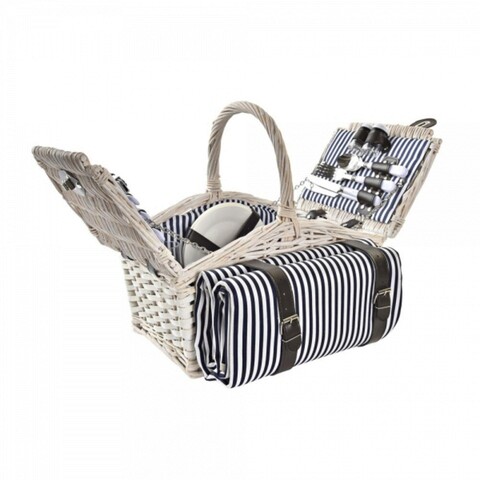 Cos de picnic pentru 4 persoane, DKD Home Deco, 40 x 40 x 42 cm , rachita, albastru/alb