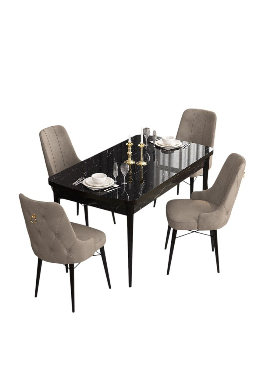Set masa extensibila si scaune (5 piese), Hanah Home, Are, Model de marmură neagră / Cappuccino — imaginea 2
