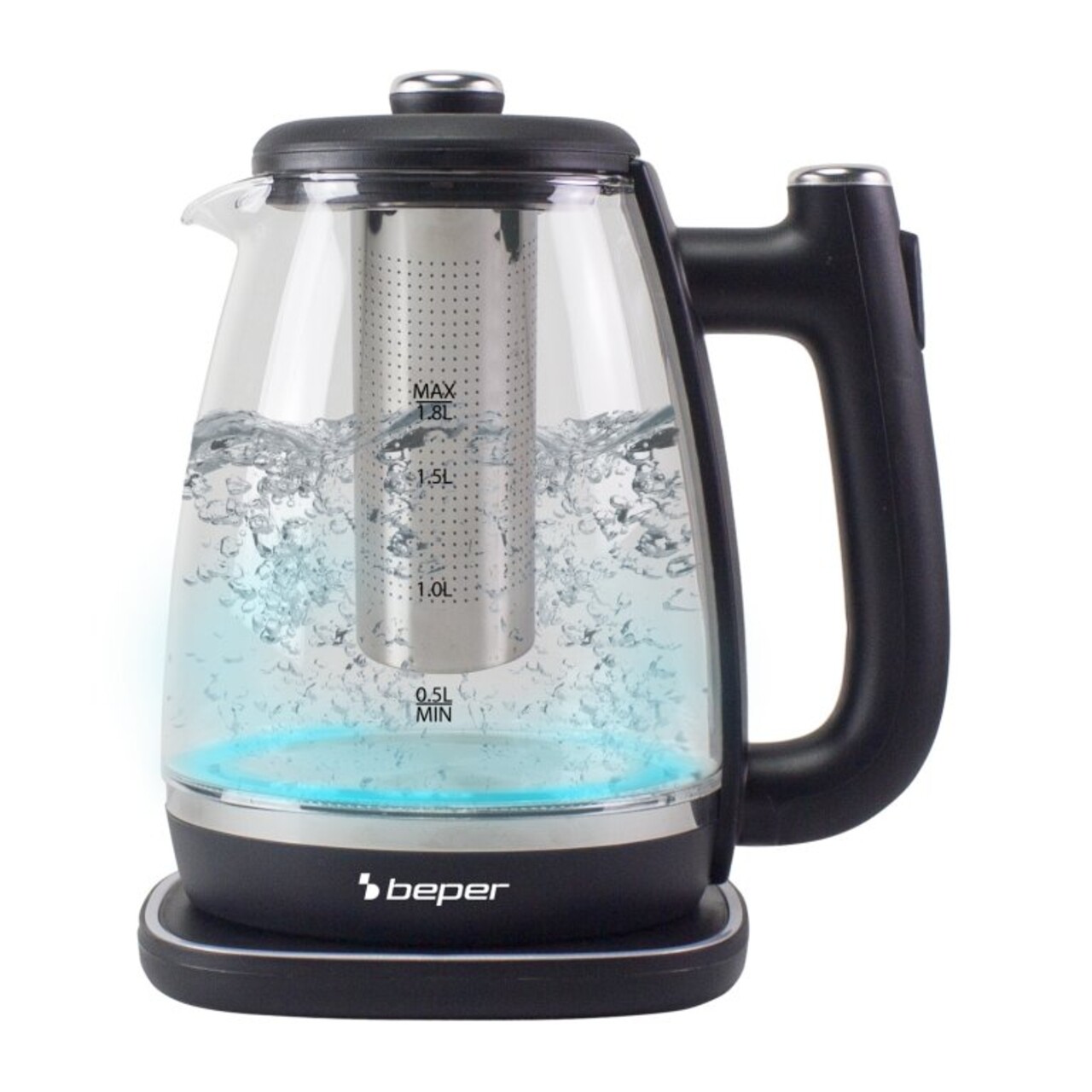 Fierbator 2 in 1 pentru apa si ceai Beper, 1.8 L, 22.5x17x25.5 cm, 2200 W, sticla/plastic/inox, negru/transparent - view 2