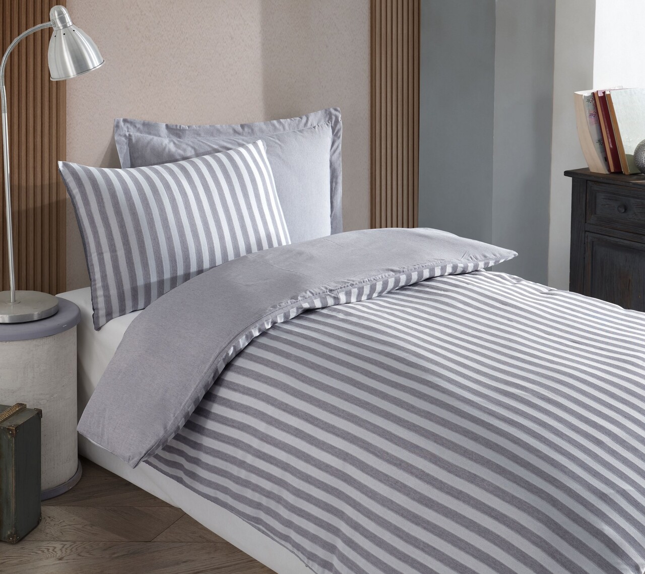 Lenjerie de pat pentru o persoana 2 piese, Road Potlu - Light Grey, EnLora Home, 70% bumbac/30% poliester