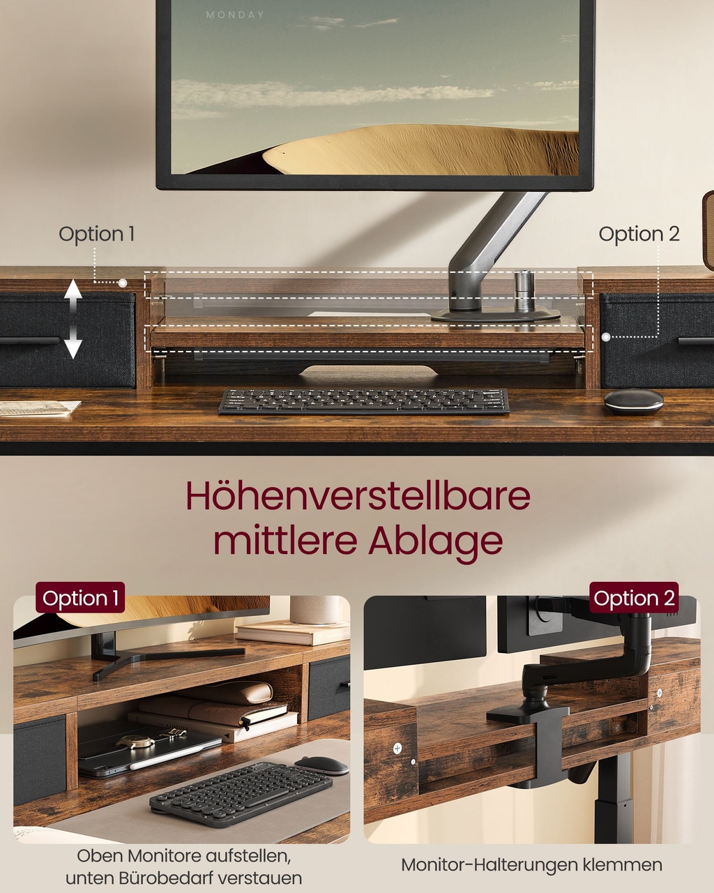 Birou reglabil pe inaltime cu suport monitor si iluminare LED, Songmics, 120x60x72-120 cm, PAL/otel, negru/maro