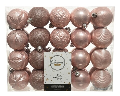 Cutie cu 40 globuri asortate Decor mix, Decoris, plastic, roz perla