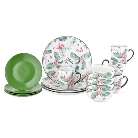 Serviciu de masa 16 piese, berry, portelan, verde/alb