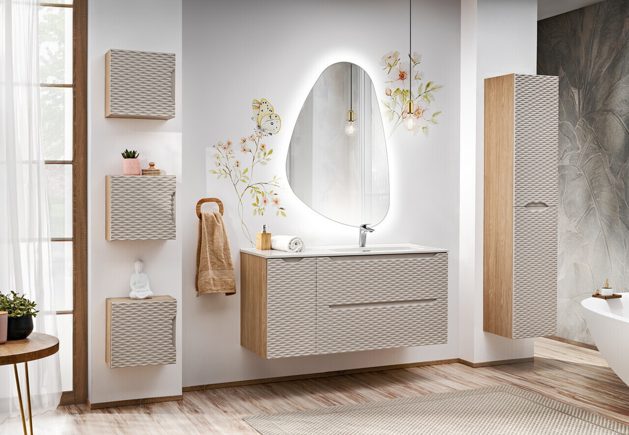 Set mobilier baie, dulap dublu cu lavoar, 90 cm D Un Nika, Ocean Beige, Comad, MDF/PAL laminat, stejar — imaginea 4