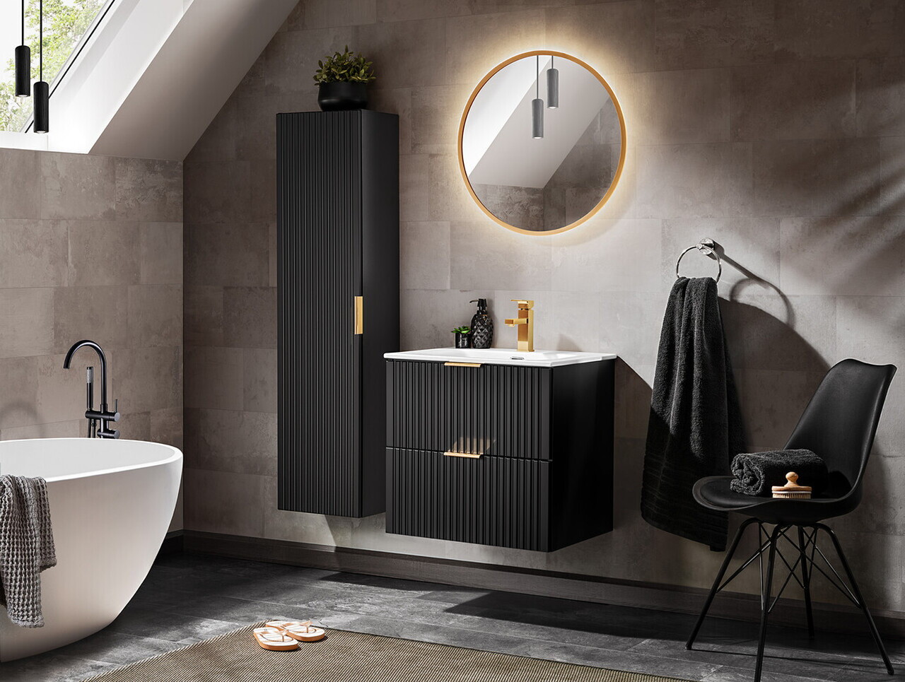 Set dulap de baie cu lavoar si sifon, 60 cm Sky, Adel Black, Comad, MDF/PAL laminat, negru mat — imaginea 2