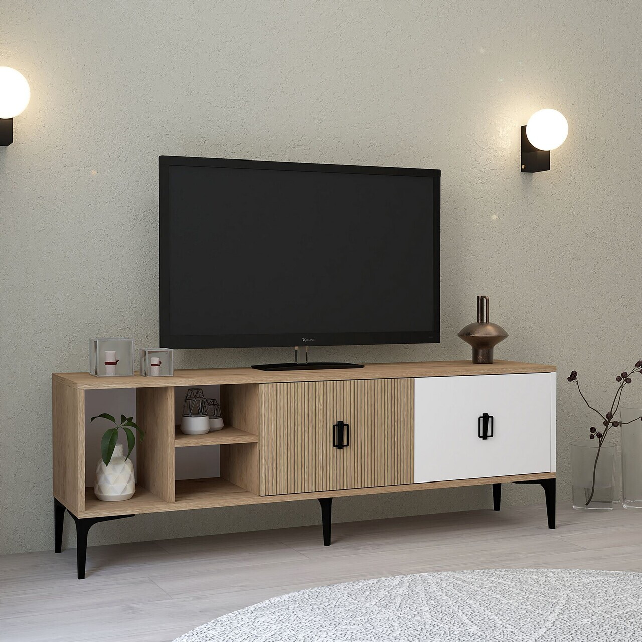 Comoda TV, Hanah Home, Era 3506, 150x50x35 cm, PAL, Stejar / Alb — imaginea 4
