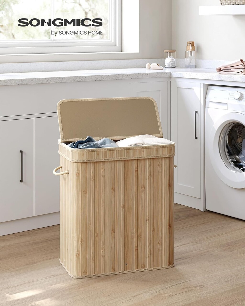 Cos de rufe Bamboo, Songmics, 54.5x34.5x61 cm, 100 L, bambus/MDF, bej