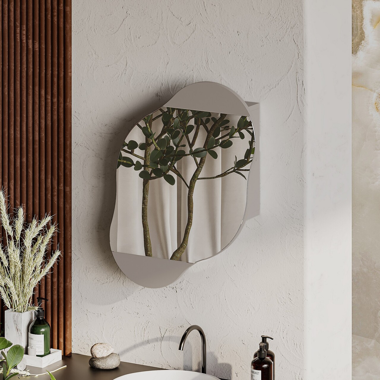 Dulap de baie, Decortie, Cloud Storage Bathroom Wall Mirror, 60x75x13 cm, PAL, Mocha - 2 | YEO