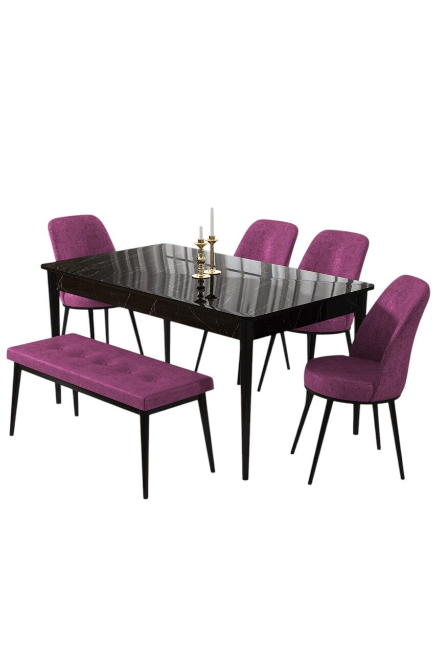 Set masa si 6 scaune, Hanah Home, Pir, Model de marmură neagră / violet — imaginea 2