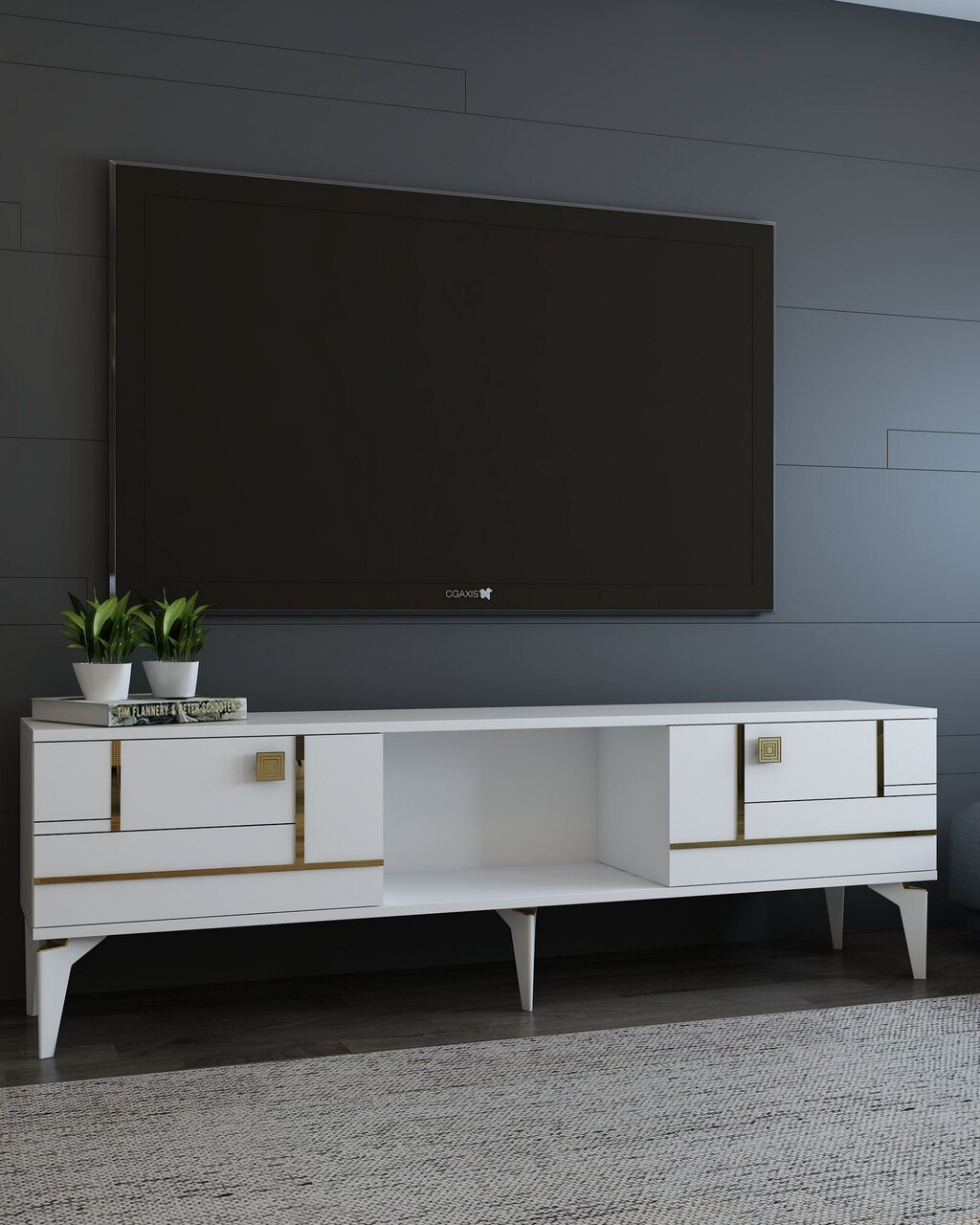 Comoda TV, Olivia, Madera, Alb/Auriu - 1 | YEO