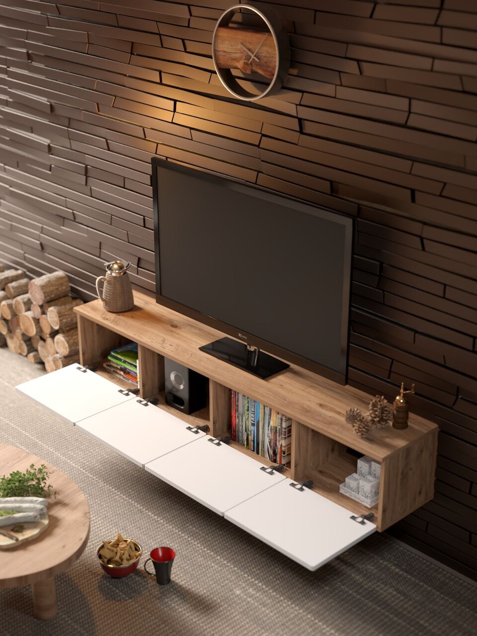 Comoda TV, Hanah Home, Virella 180, 180x32x35 cm, PAL, Pin Atlantic / Alb - view 3