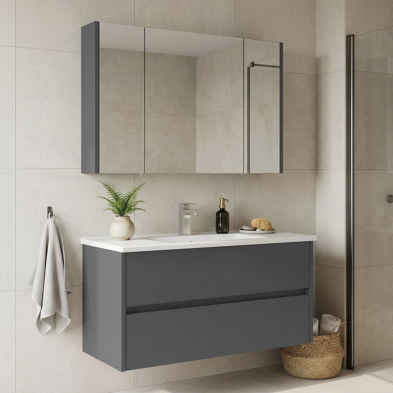 Set Dulap de Baie cu Chiuvetă și Oglindă (2 Piese), Hanah Home, Arno 100, Gri — imaginea 2