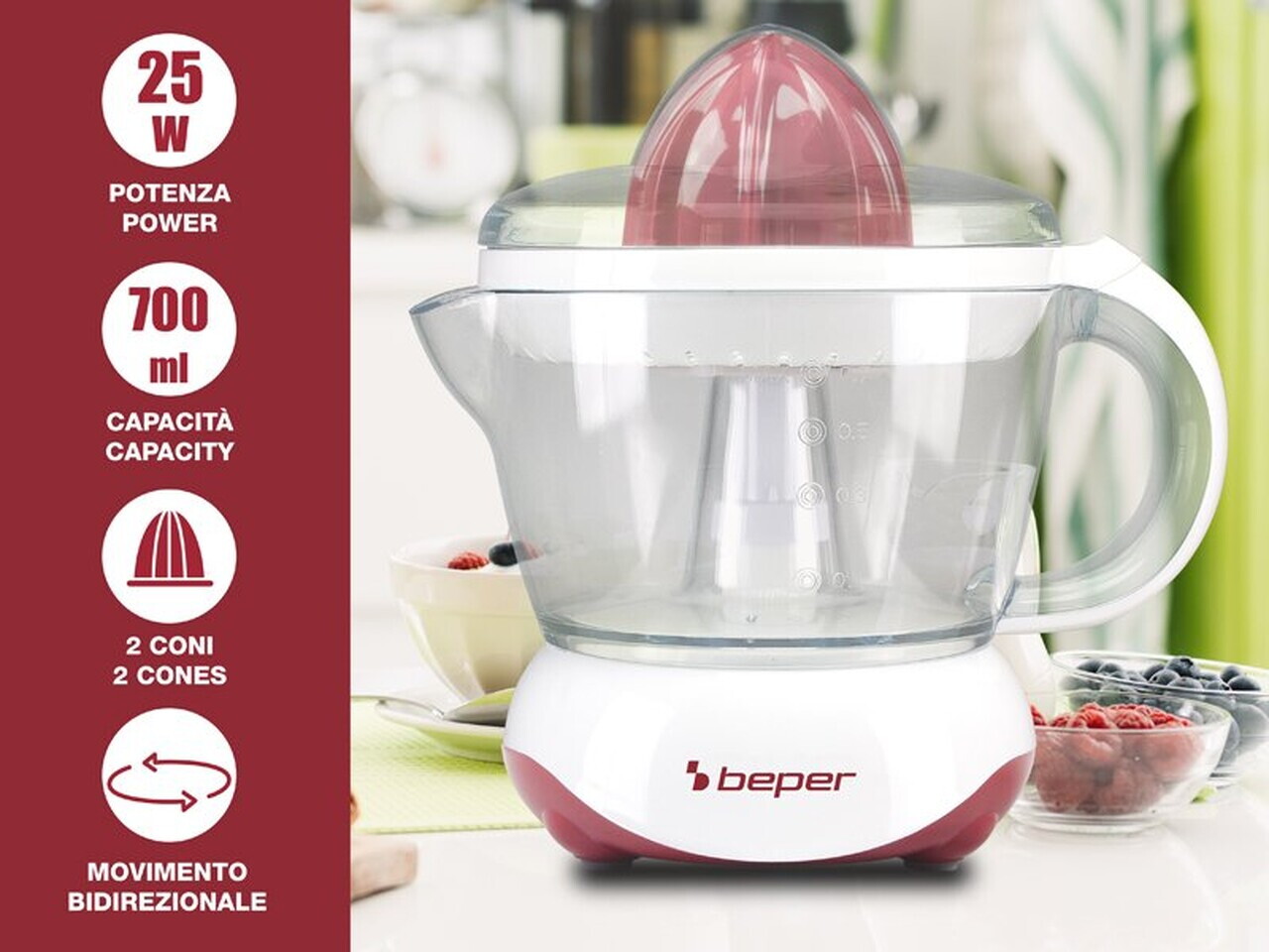 Storcator electric de citrice Beper, 20.5x14.5x20.5 cm, 25W, 700 ml, ABS, alb/rosu - view 7