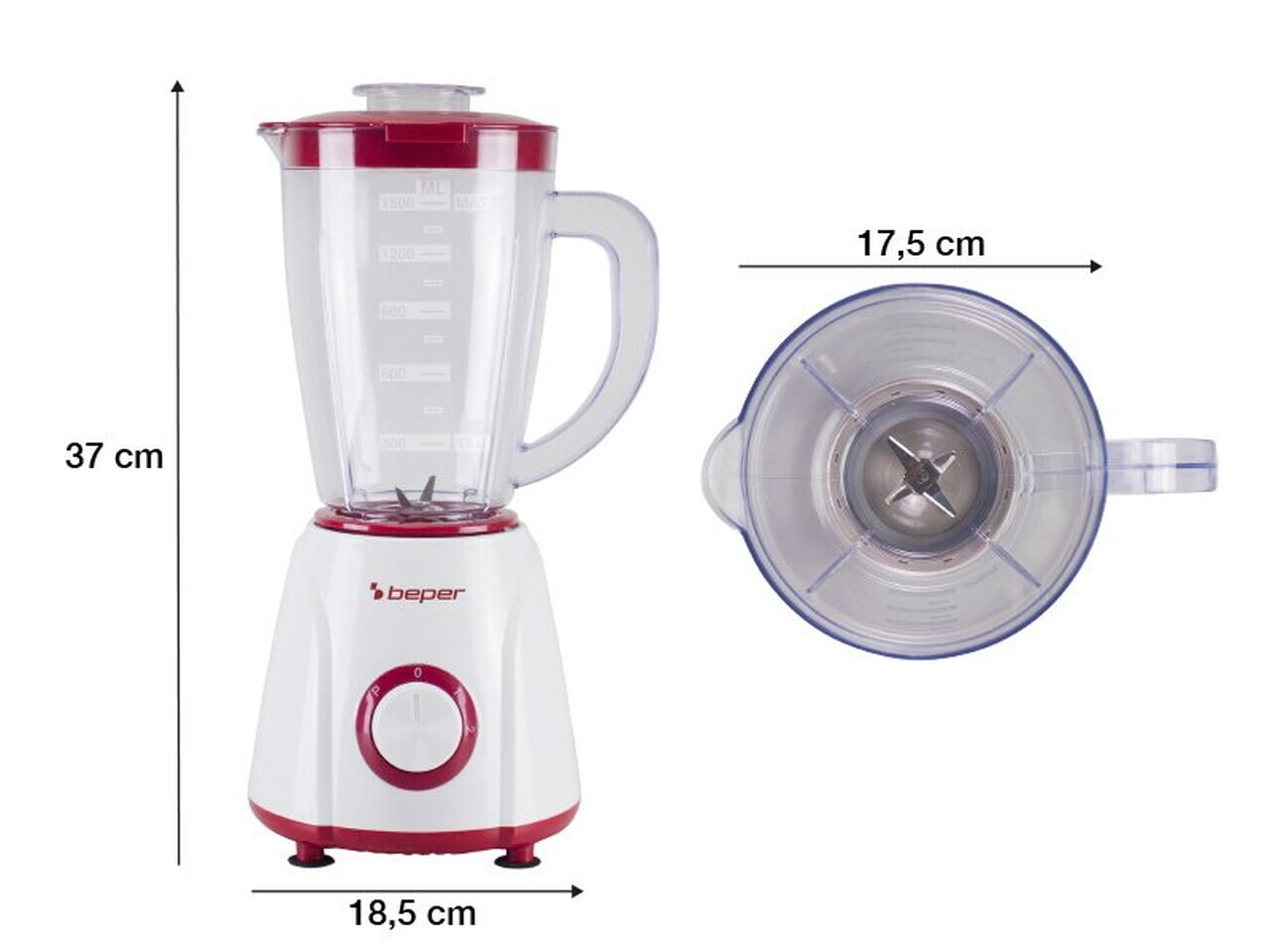 Blender de masa Beper, 17.5x18.5x37 cm, 400W, 1.5L, plastic/inox, alb/rosu - view 4