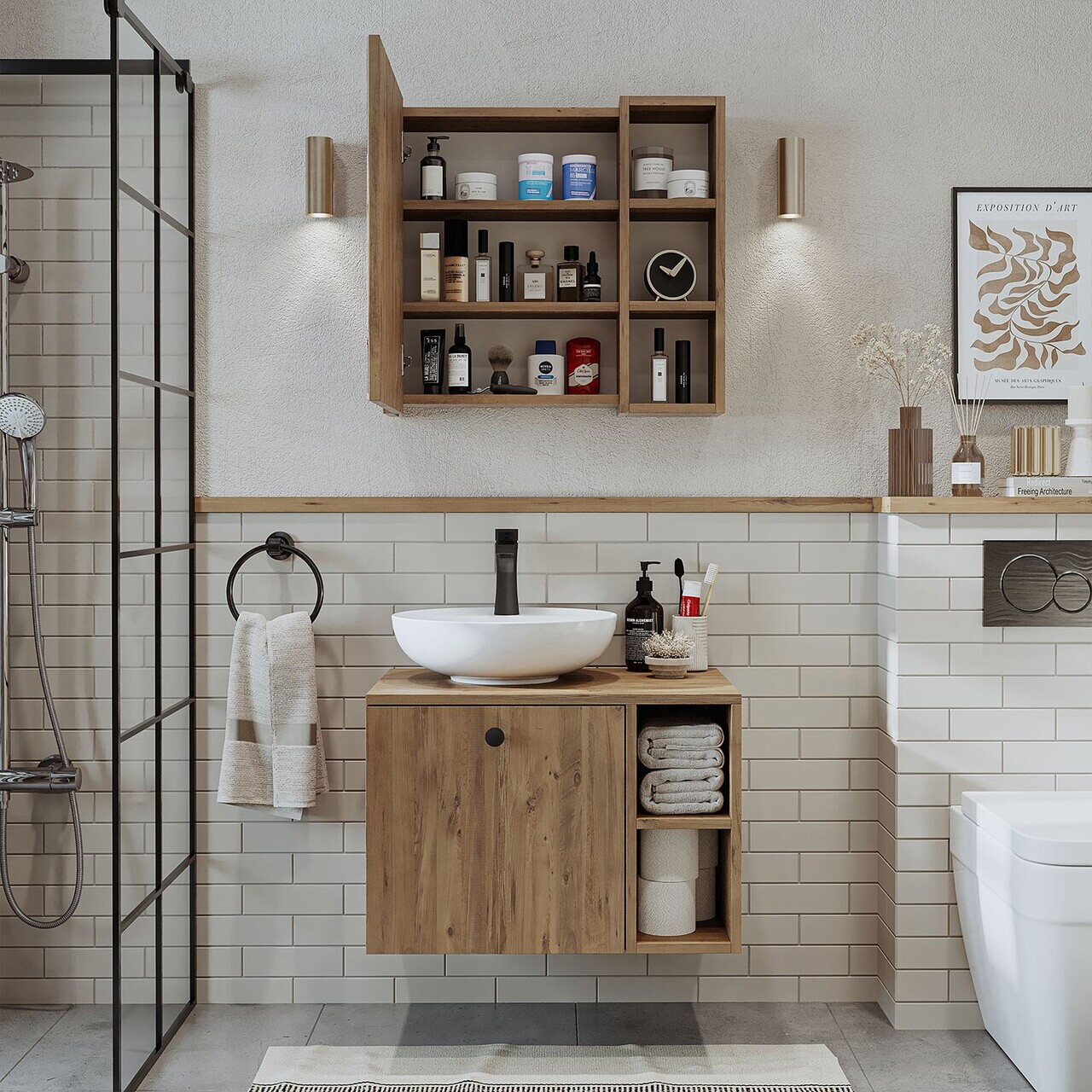 Set Dulap de Baie cu Chiuvetă și Oglindă (2 Piese), Hanah Home, 2482, MDF, Maro — imaginea 4