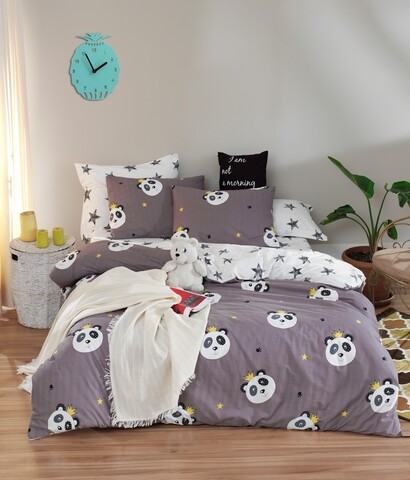 Lenjerie de pat dubla King (IT) Kral Panda - Grey, Mijolnir, 3 piese, 250x200 cm, bumbac ranforce, multicolor