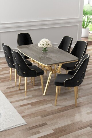 Set masa si scaune (7 piese), Hanah Home, Asel, Antracit / Aur / Negru