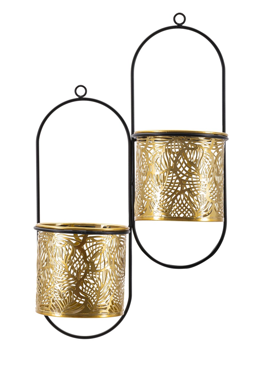 Suport ghivece cu fixare pe perete Double Hong, Mauro Ferretti, 27x14x48 cm, fier, negru/auriu - 1 | YEO
