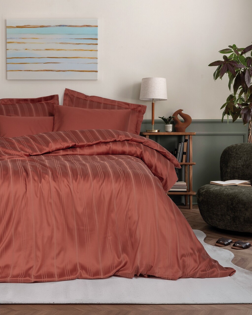 Set cuvertura matlasata dubla Bamboo, Bamboo Stripe - Tile Red, Cotton Box, 60% bumbac satinat/40% bambus