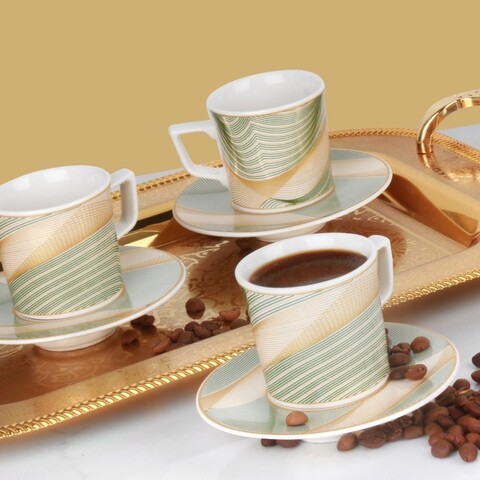 Set 6 cesti cu farfurie GELENEKSEL 001, Helen Porselen, ceramica, verde/auriu Helen Porselen