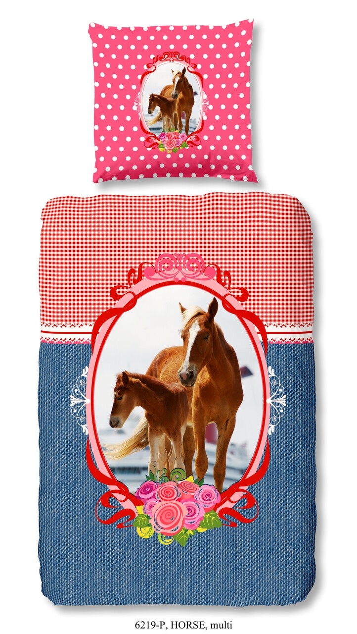 Lenjerie De Pat Pentru O Persoana, Good Morning, Horse, 100% Bumbac, 2 Piese, Multicolor