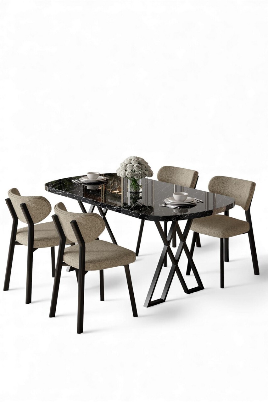 Set masă și scaune (5 bucăți), Hanah Home, Axton, Marmură neagră / Cappuccino - view 2