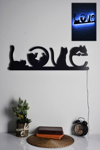 Decoratiune luminoasa led, cat love, mdf, 60 led-uri, albastru