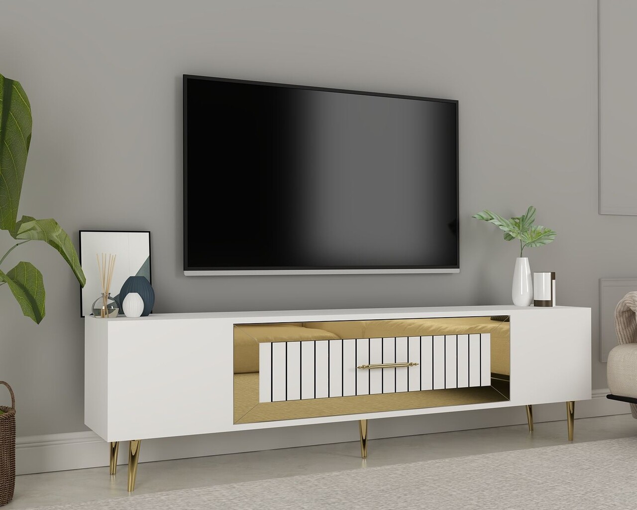 Comoda TV, Olivia, Dekolp3, Alb/Auriu - 1 | YEO