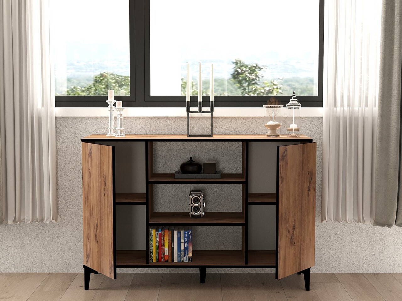 Consola, Puqa Design, Bezen, 140x90x40 cm, PAL, Pin Atlantic / Negru - 1 | YEO