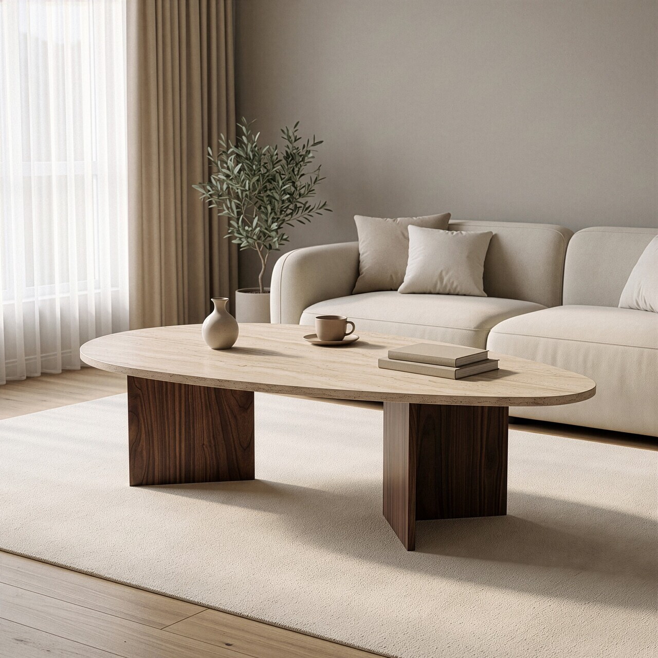 Masuta de cafea, Hanah Home, Flap, 139.5x42x79.5 cm, PAL, Travertin / Nuc Milano