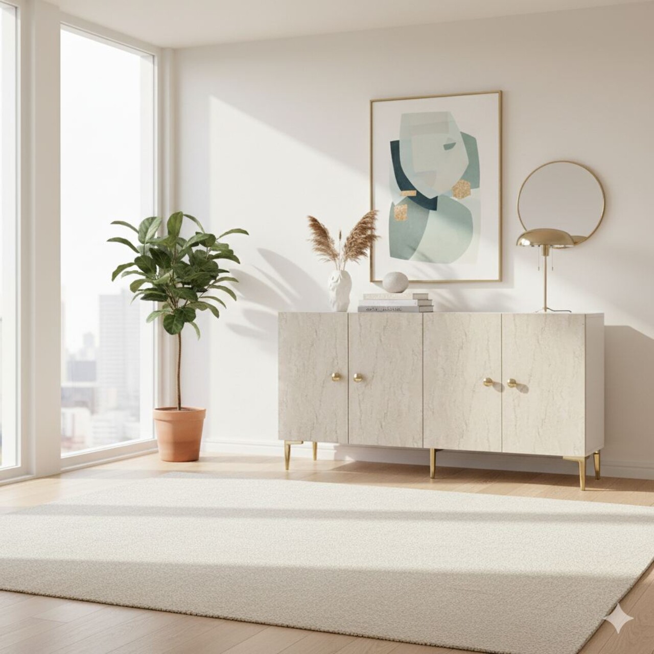 Consola, Hanah Home, Simple 150, 150x75x32 cm, White / Travertine / Gold - view 3