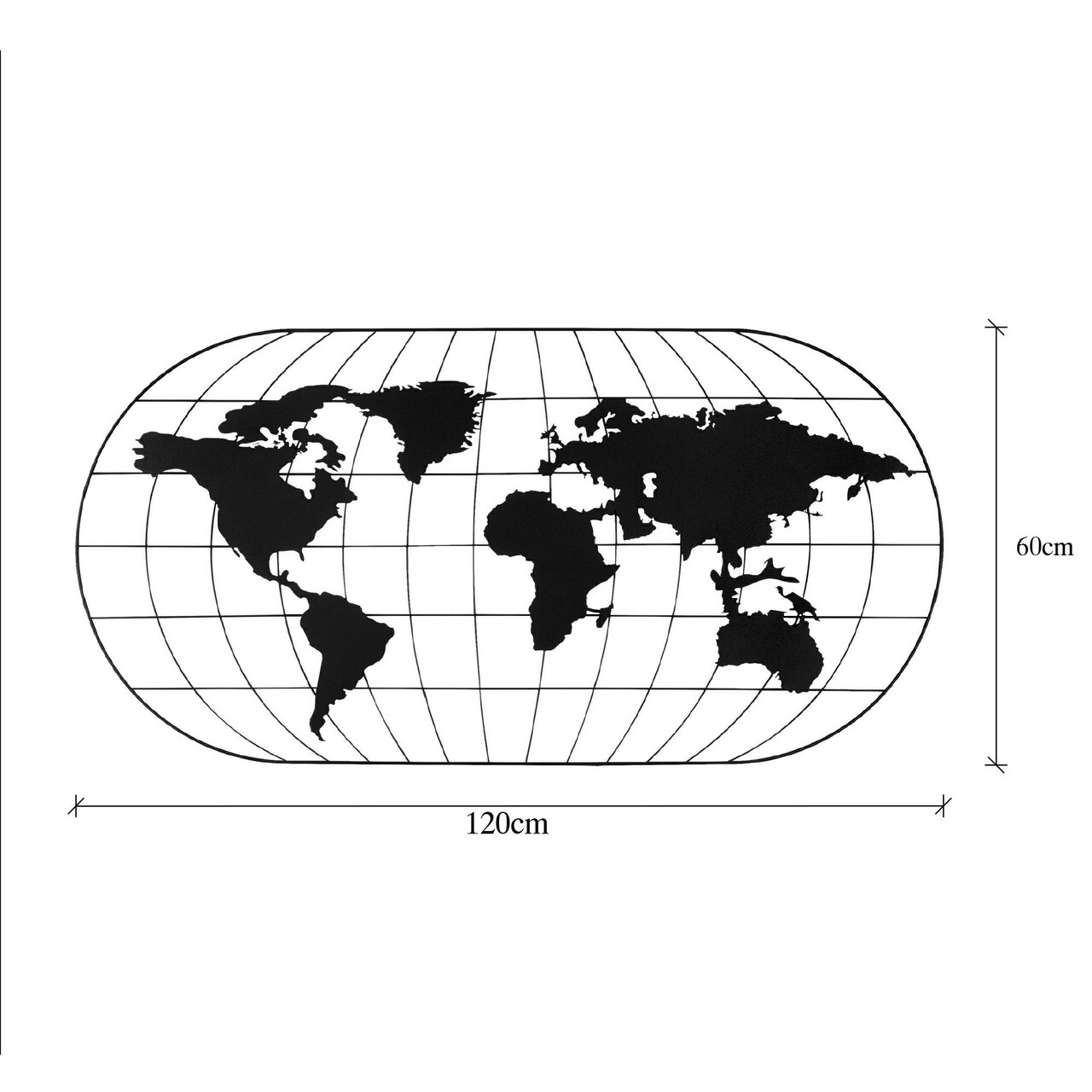 Decoratiune de perete, World Map 17, Metal, Dimensiune: 120 x 60 cm, Negru