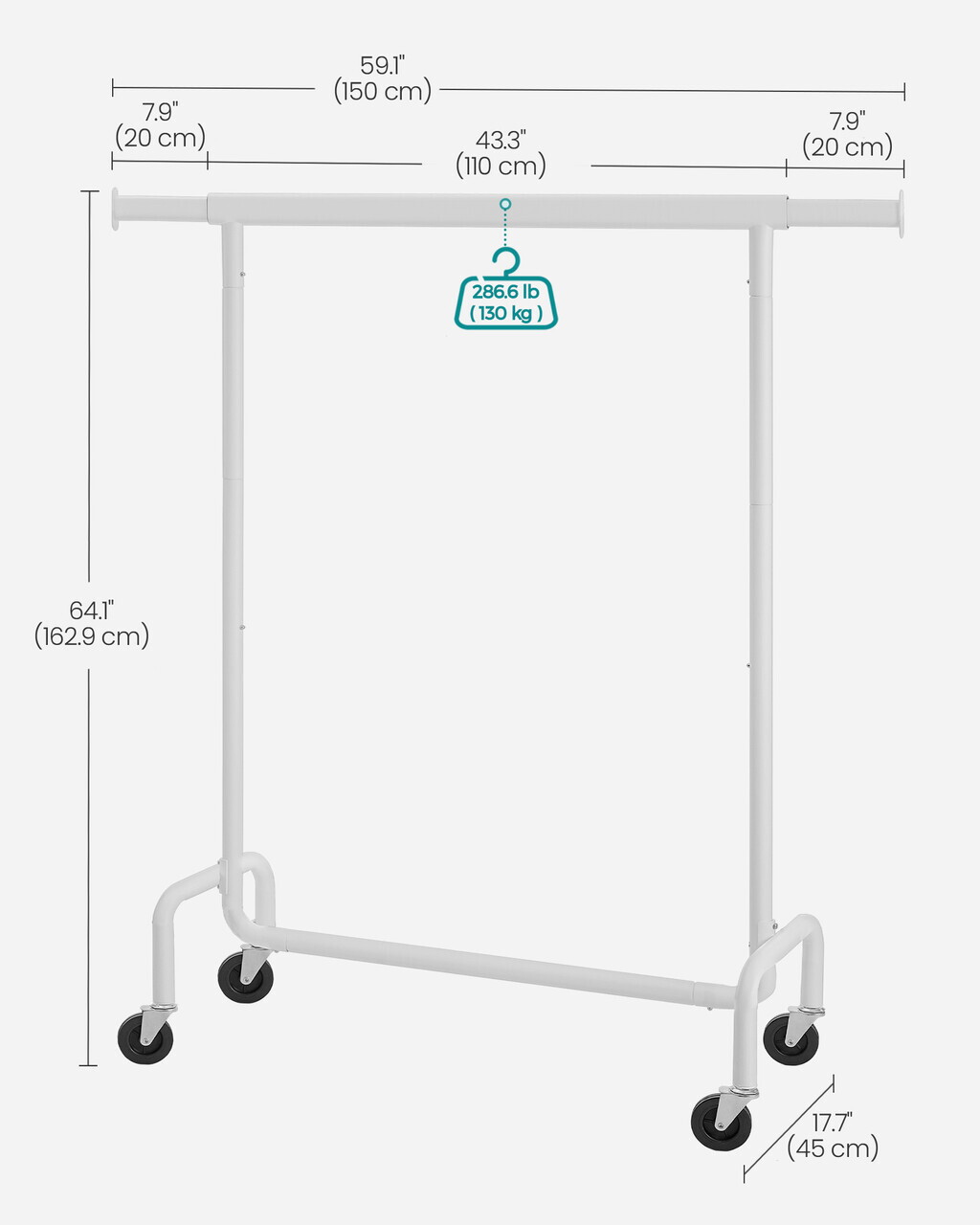 Suport pentru umerase, Songmics, extensibil, cu roti, 110-150x45x160 cm, otel, alb mat - imagine 2