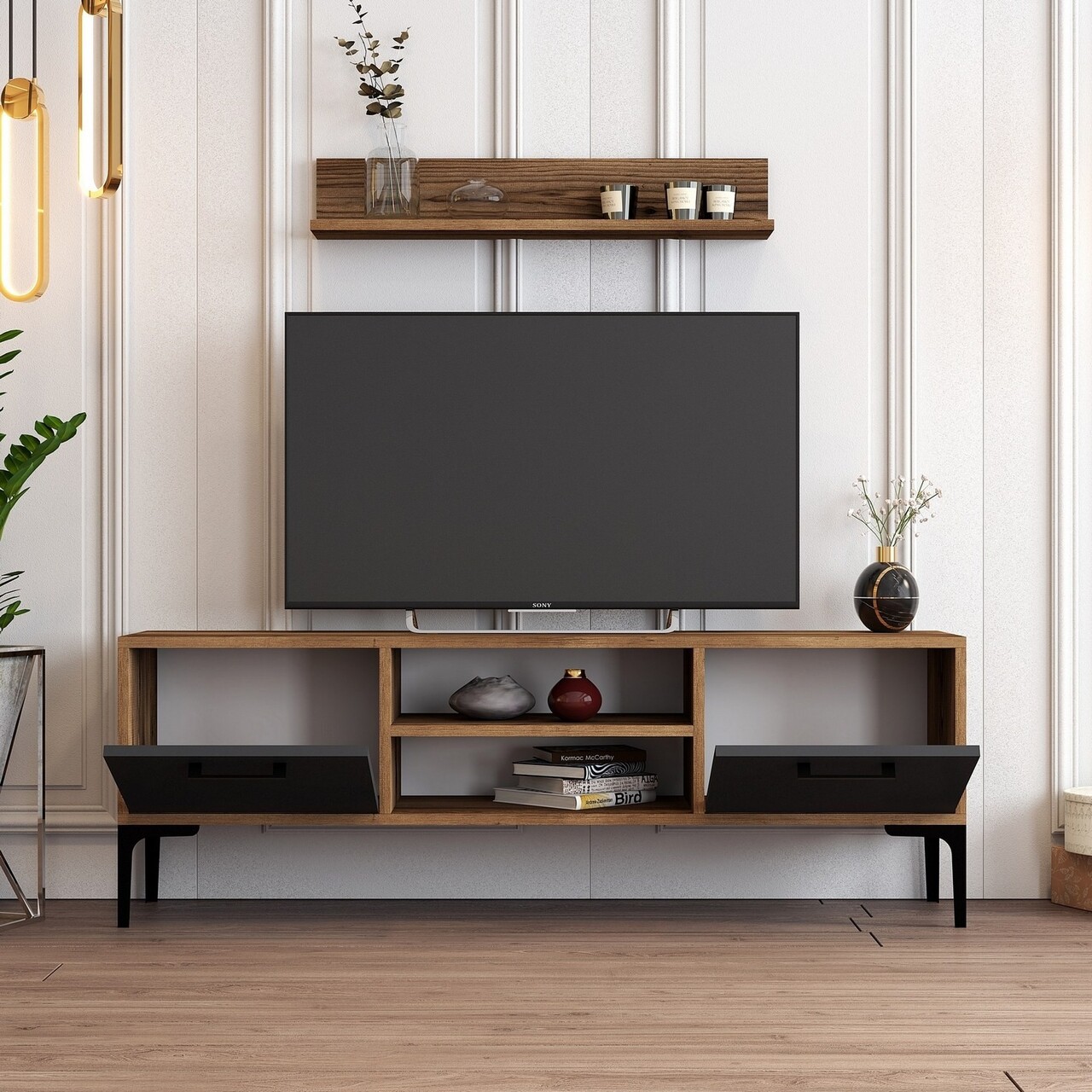 Comoda TV, Hanah Home, Riga, 140x48x30 cm, Nuc / Antracit - imagine 3